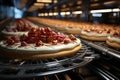 Cakes glide along automated conveyor, a sweet sight in bakery