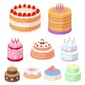Cakes for the holidays. A set of different sweets. Beautifully decorated cakes and muffins.Cakes icon in set collection Royalty Free Stock Photo