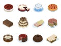 Cakes layered puff tiered pastry icons set. Chocolate, waffle, fruit gateau, sweet roll. Royalty Free Stock Photo