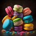 Cakes macaron or macaroon stack on dark background, colorful vibrant almond cookies, bright colors