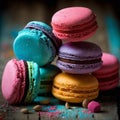 Cakes macaron or macaroon stack on dark background