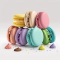 Cakes macaron or macaroon stack on light background, colorful vibrant almond cookies, bright colors