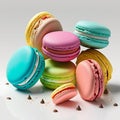 Cakes macaron or macaroon stack on light background, colorful vibrant almond cookies, bright colors