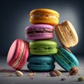 Cakes macaron or macaroon stack on turquoise background, colorful vibrant almond cookies