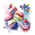 Cakes macaron or macaroon stack on white background, colorful vibrant almond cookies with berries, bright colors
