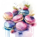 Cakes macaron or macaroon stack on white background, colorful vibrant almond cookies with berries, bright colors