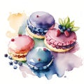 Cakes macaron or macaroon stack on white background, colorful vibrant almond cookies with berries, bright colors. Watercolor style