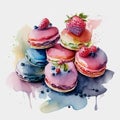 Cakes macaron or macaroon stack on white background, colorful vibrant almond cookies with berries, bright colors