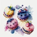 Cakes macaron or macaroon stack on white background, colorful vibrant almond cookies with berries, bright colors. Watercolor style