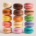 Cakes macaron or macaroon stacks on light background, colorful vibrant almond cookies, brightl colors