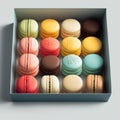 Cakes macaron or macaroon in white box, colorful bright cookies