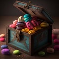 Cakes macaron or macaroon in wooden vintage box on rustic table, colorful bright cookies