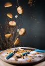 Cakes, makaruns fall on a wooden tray