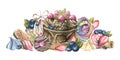 Cakes, pastries, donuts, meringues, berries and lollipops. Watercolor illustration. A composition from the collection of