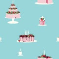 Cakes seamless pattern decorated with fresh berries