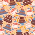 Cakes seamless pattern, vector illustration. Icons of birthday and wedding cake in flat style, sweet chocolate dessert Royalty Free Stock Photo
