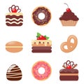 Cakes, set. Cookies and biscuits, donut and macaroon icons. Chocolate and vanilla cookies with creame and berries