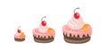 Cakes sizes set. Fancy cake with a cherry. Dessert reward. Development stage. Animation progression. Vector Isometric Royalty Free Stock Photo