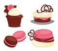Cakes and sweet pink desserts set vector illustration