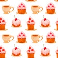 Cute cartoon cupcakes with cream and berries, cups of tea or coffee. Sweet food design concept isolated on white background. Royalty Free Stock Photo