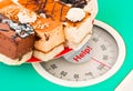 Cakes on weight scale and word Help