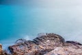 Cala Salada and Saladeta in san Antonio Abad at Balearic Islands Spain. Long exposure, Typical house for fishing boats and rocks. Royalty Free Stock Photo