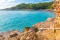 Cala Salada and Saladeta in san Antonio Abad at Balearic Islands Spain. Long exposure, Typical house for fishing boats and rocks. Royalty Free Stock Photo