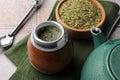 Calabash, bombilla, bowl of mate tea leaves and teapot on tiled table, closeup