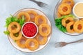 Calamari rings. Squid rings with salad and various dips Royalty Free Stock Photo