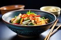 calamari and vegetable stir-fry in black asian bowl