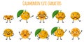 Calamondin citrus fruit cute funny cheerful characters with different poses and emotions