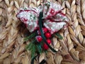Christmas decoration on Japanese Sweetflag acorus calamus craft work background. Royalty Free Stock Photo