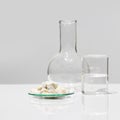Calcium carbonate Chip in Chemical Watch Glass place next to crystal clear liquid in Beaker and Flat Bottom Flask Borosilicate