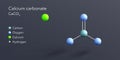 calcium carbonate molecule 3d rendering, flat molecular structure with chemical formula and atoms color coding