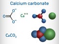 Calcium carbonate molecule. It is an ionic compound, the carbonic salt of calcium CaCO3, calcium salt, Food additive E170.