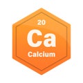 Calcium chemical element tile. Atomic number 20. Ca chemical sign. Bright orange Vector hexagon. Royalty Free Stock Photo