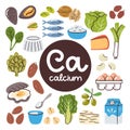 Calcium food ingredients icon set