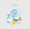 Calcium in food. Natural organic foods high in calcium. Time for health Royalty Free Stock Photo