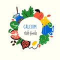 Calcium food sources. Vector illustration of potassium rich foods