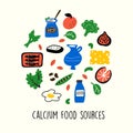 Calcium food sources. Vector cartoon illustration of iron rich foods Round composition Royalty Free Stock Photo