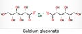 Calcium gluconate C12H22CaO14 molecule, is used as mineral supplement for the treatment osteoporosis, rickets, hypocalcemia