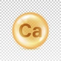 Calcium icon. Ca vitamin yellow orb isolated on transparent background. Big shape glass circle. Realistic 3d bubble. Round sphere