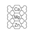 Calcium, magnesium and zinc vitamins for bones. Ca, Mg, Zn set. Vector clipart and drawing. Isolated illustration.