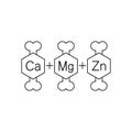 Calcium, magnesium and zinc vitamins for bones. Ca, Mg, Zn set. Vector clipart and drawing. Isolated illustration.