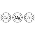 Calcium, magnesium and zinc vitamins. Ca, Mg, Zn icon set. Vector clipart and drawing. Isolated illustration.