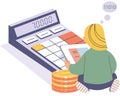 Calculation, bookkeeping investment money. Woman with calculator counting, thinking about profit