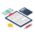 Calculation concept. Folder for calculations with financial data, calculator and pen.