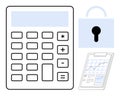 Financial security concept with calculator, lock, and report clipboard illustrating budgeting and data protection Royalty Free Stock Photo