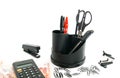 Calculator, banknotes and other office stationery Royalty Free Stock Photo