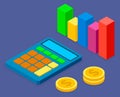 Calculator, bar chart and stack of dollar coins, monetary symbols. Trade, purchases, sales Royalty Free Stock Photo